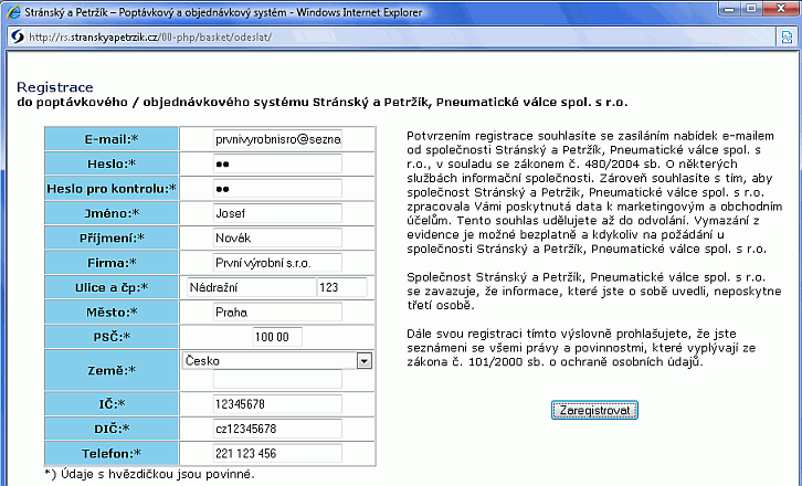 Registrace do poptávkového / objednávkového systému